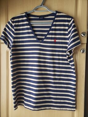 Ralph Lauren 100% Pima Cotton Navy & White Striped V-Neck Tee with Red Pony